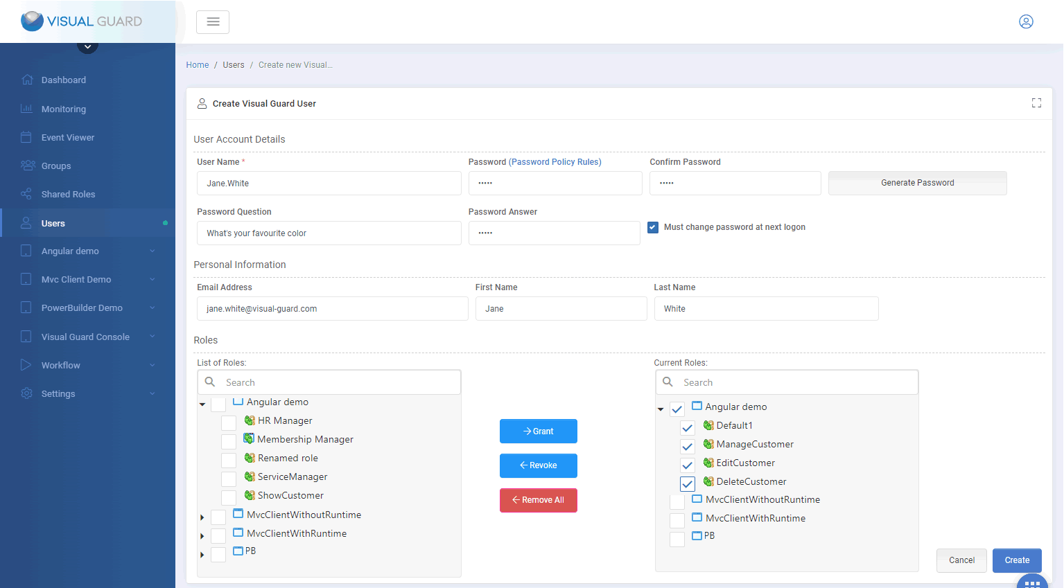 Create a username/password accounts with Visual Guard WebConsole